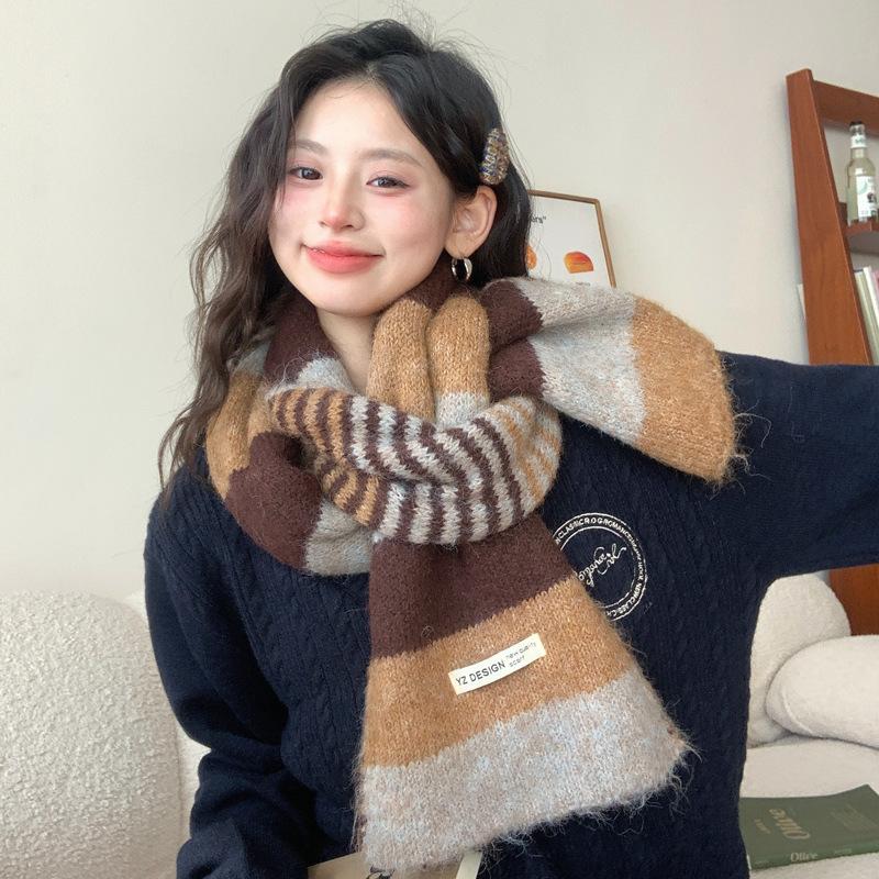 

Вязаный шерстяной шарф в полоску с цветовыми блоками, корейский стиль, женский, осенне-зимний, универсальный, утолщенный, теплый, согревающий шею