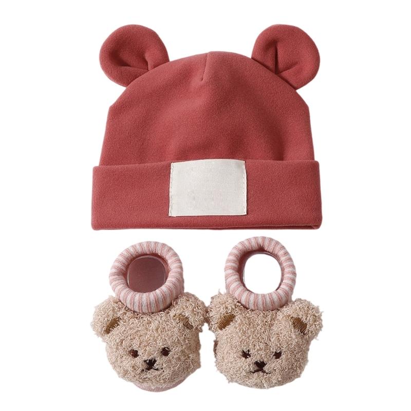 Atmungsaktive Babymütze mit Ohrenmuster und Socken Elastische Baumwoll-Polyester-Mischung Sanft zu empfindlicher Haut Sicherer Sitz für Säuglinge