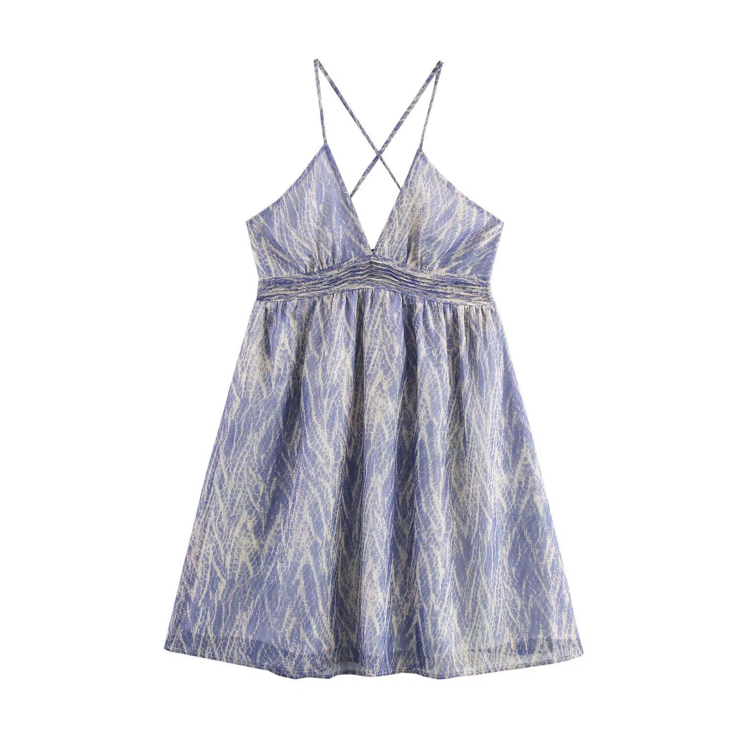 

2025 Spring/Summer Sexy Backless V-Neck Spaghetti Strap Chiffon Print Dress Small