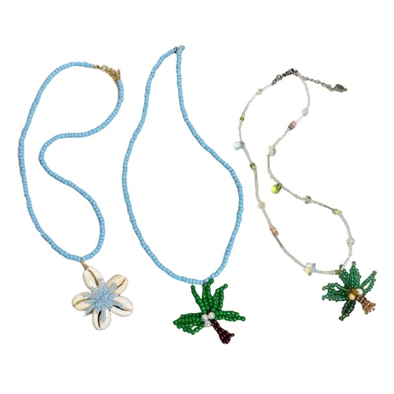 Bohemian Coconut Tree Pendant Necklace With Shell Beads Alloy Acrylic Layer Chain Jewelry for Women Beach Vacation