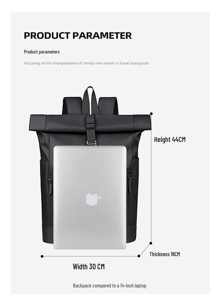 Herrryggsäck med rulltopp, vattentålig, för bärbar dator: Stor kapacitet för arbete, resor och högskola.