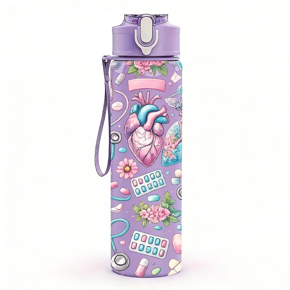 1PC Cute Unicorn Candy Pastel Pattern Print 750ml Color Plastic Sports Water Bottle Leakproof Flip Straw Lid Suitable for Sports Office Home Use