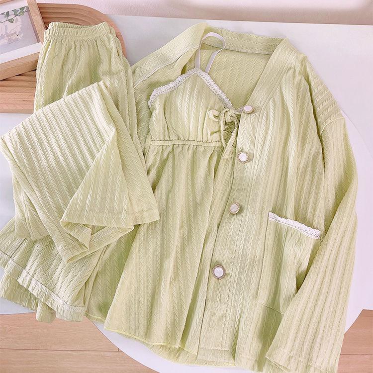 

Пижама больших размеров, женский комплект из трех предметов, весна-осень, хлопок, с длинными рукавами, подушками для груди, летняя домашняя одежда XL зелёный