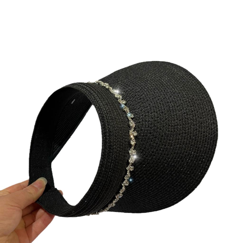Summer Light Luxury Niche Rhinestone Empty Top Hat Outdoor Travel Fine Grass Woven UV Protection Sun Hat