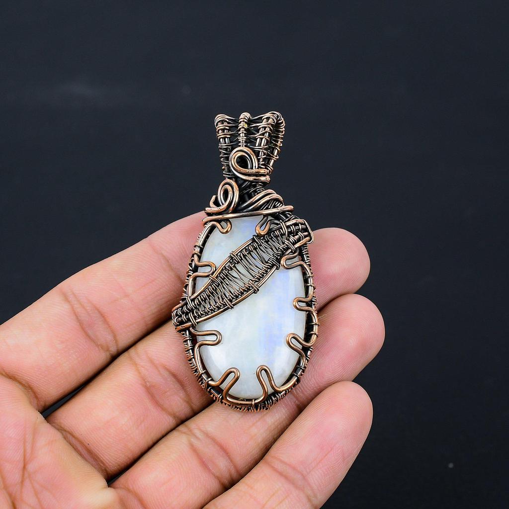 Mondstein-Edelstein, reiner Kupferdraht, umwickelt, handgefertigter Anhänger-Schmuck zum Verschenken