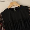 ZANZEA Women Casual Round Neck Loose Floral Print Splice 3/4 Sleeve Blouse