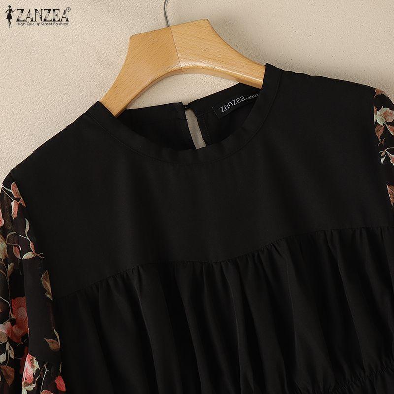 ZANZEA Women Casual Round Neck Loose Floral Print Splice 3/4 Sleeve Blouse