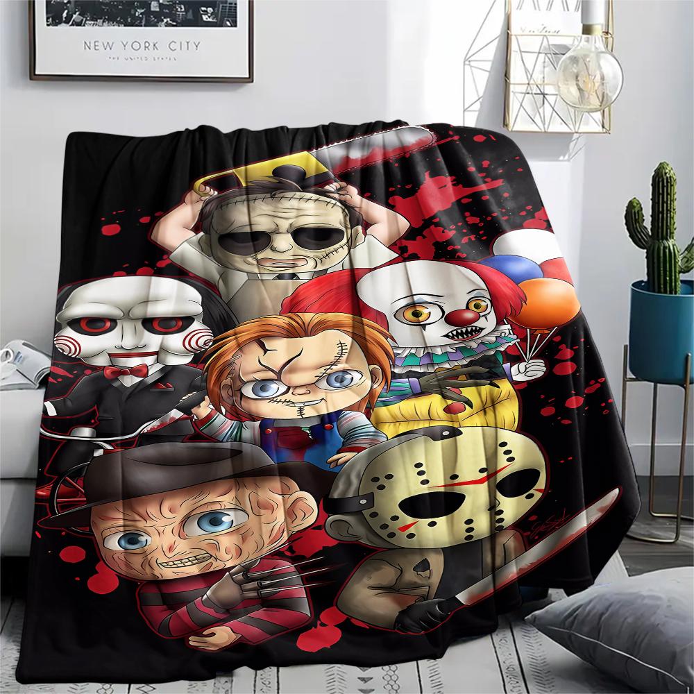 1PC Chibi Chucky Freddy Krueger Print Flannel Blanket, High quality All Seasons, Home Decor, Warmth and Comfort, Perfect for Christmas Gifts