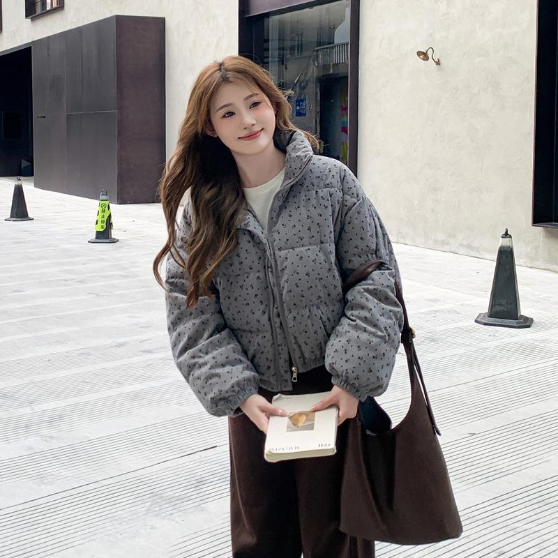 Large Size Floral Cotton Coat Women's Short Fat MM Women's Autumn New Short Down Cotton Jacket Top