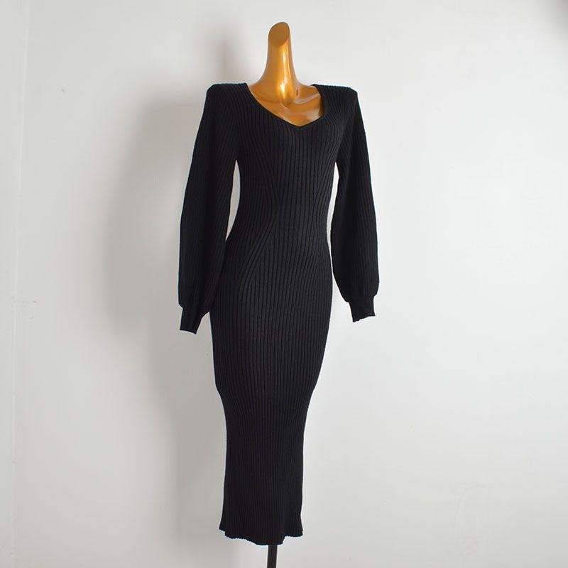 

Arrival Solid Color and V-neck off-Shoulder Long Sleeves Knitting Dress Women s Clothing Spring & Fall Winter Slim-Fit Figure Flattering Long Dress Black 14/16