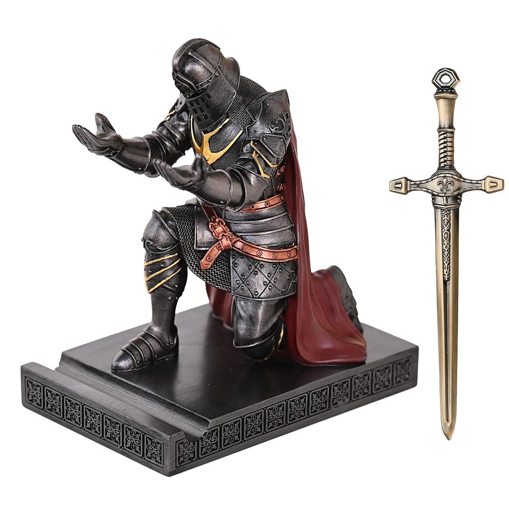 HDMbigmi King's Guard Leader Cloak Warrior Knight Pen Holder Cell Phone Stand, Ornament Knight Statue, Pen Stand Paperweight for Office or Home (Iron)