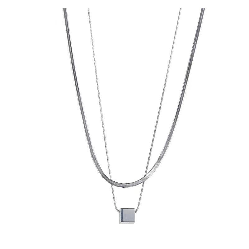 

Simple and versatile double-layer titanium steel square necklace ins cold wind men s light luxury niche design sweater chain tide