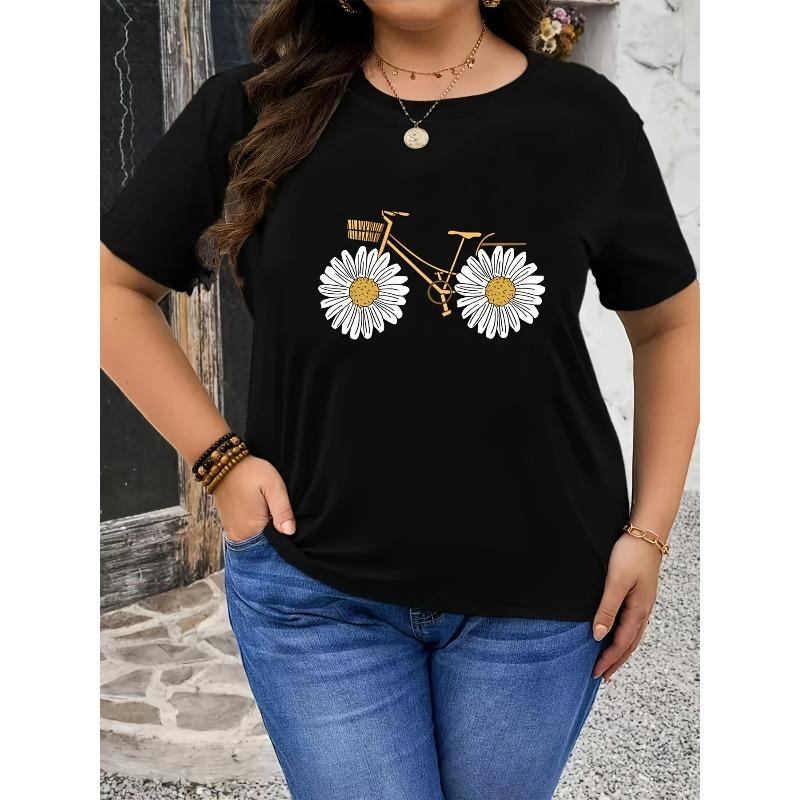 T-shirt with Small Daisy Bicycle Print, Black Short-sleeve Round-neck Printed T-shirt - Machine Washable, Suitable for Spring, Summer, S чёрный
