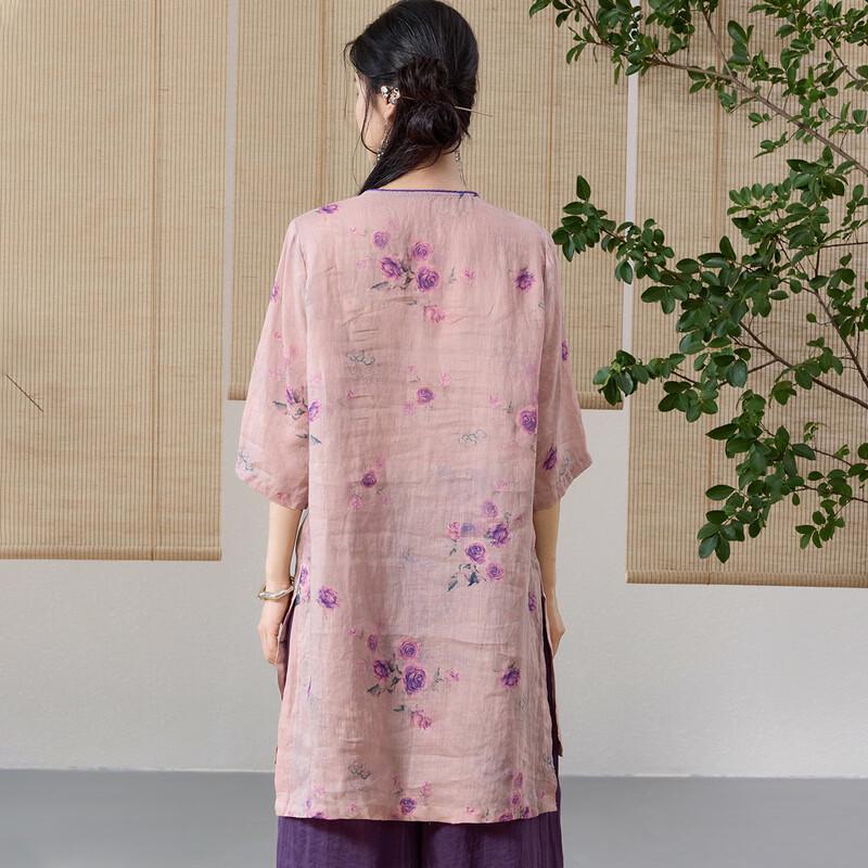 Women's New Chinese Style Ramie Midi Dress with Ink Bamboo Print