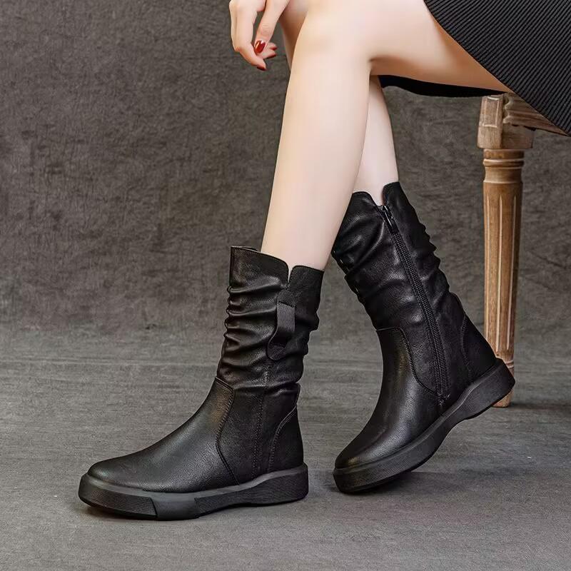 

Simple versatile Martin boots women s autumn and winter brown medium boots comfortable warm pleated thick-soled boots 35