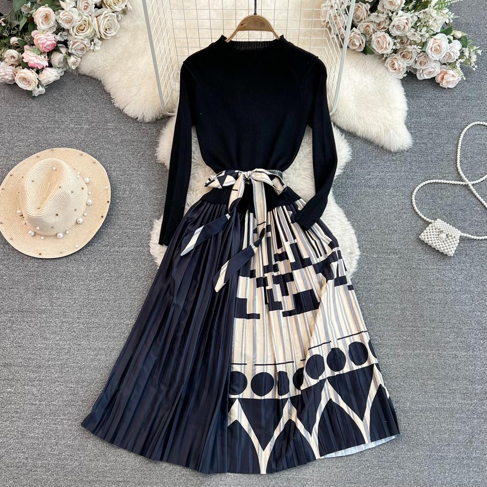 Vintage Elegant  O Neck Print  Pleated Long Sleeve Knit Dress A-line Casual Women Fashion High Waist Summer Spring