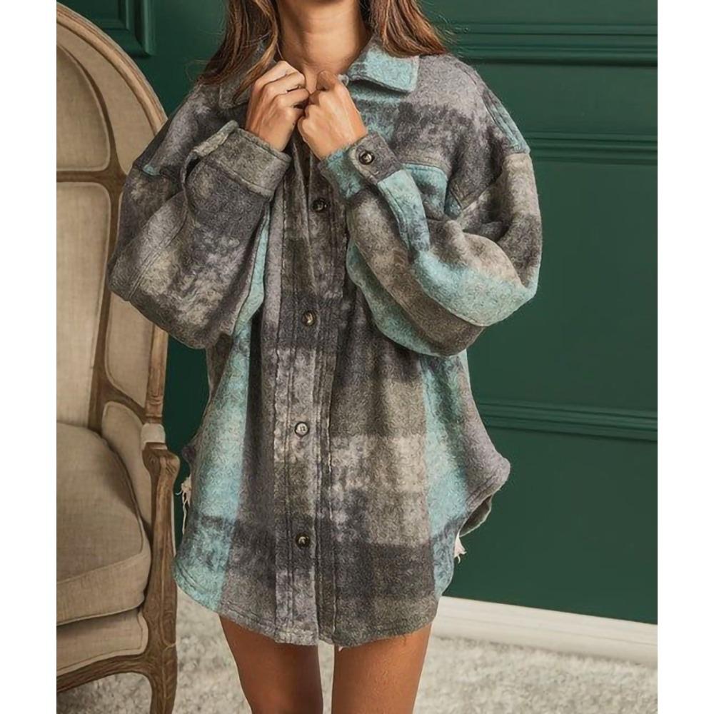 Women's Lapel Long Sleeve Shacket Oversized Fit Streetwear Colorful Plaid Flannel Shirt Jacket