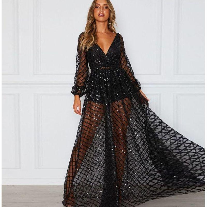 

Sexy V-neck Backless Sequined Dress Black XXL