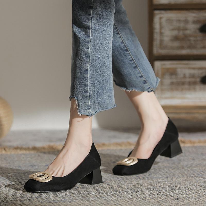 

Leather flat for Huizhou women s shoes Su Yinyin same high heels black Korean version spring new single shoes women 34 чёрный