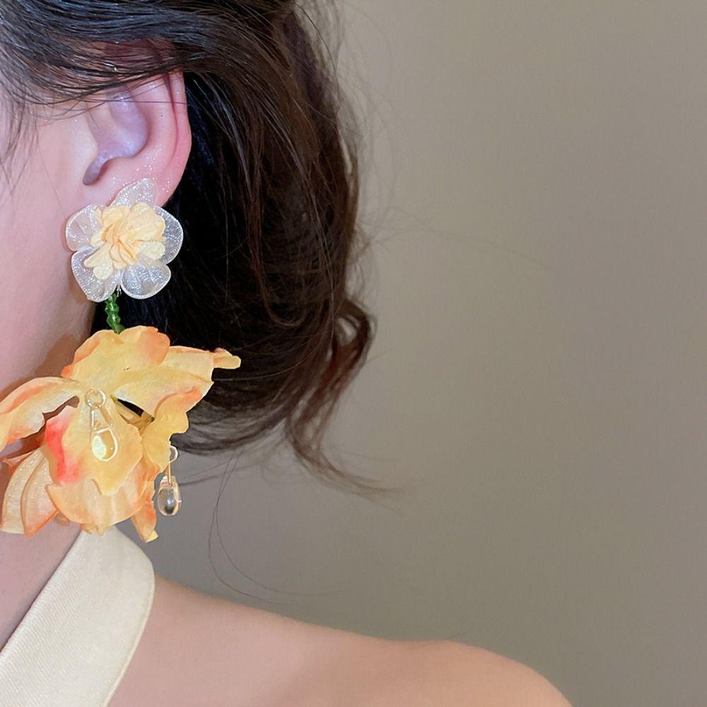 Crystal Flower Earrings Silver Needle Vacation Style Earrings Simulated Flower Drop Earrings  Party