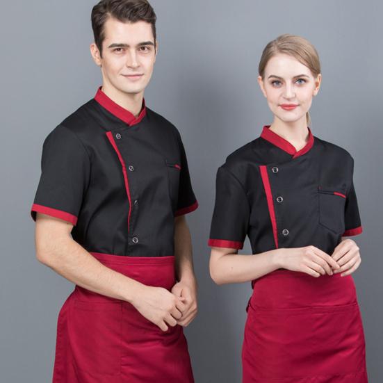 Chef Uniform Unisex Short Sleeves Breathable Comfortable Stand Collar Patch Pocket Jacket Restaurant Kitchen Baker Cook Uniform Shirt Culinary Work