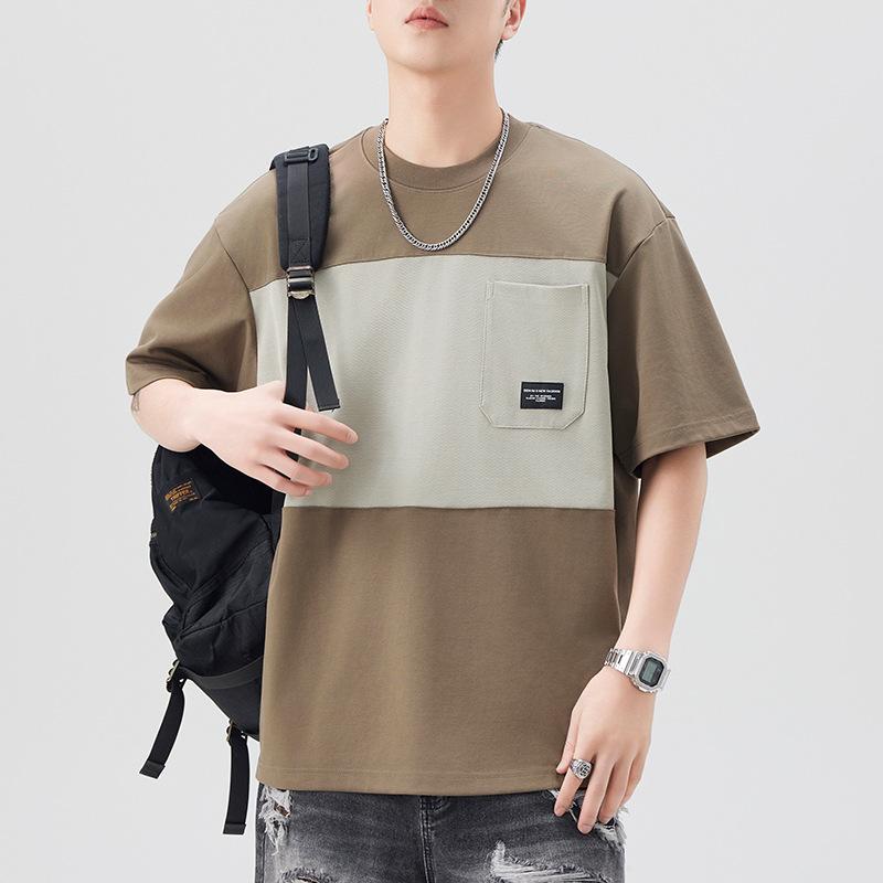 Short-sleeved T-shirt for Mens Summer Latest Color-blocking Japanese Vintage Style T-shirt for Five-point Sleeves