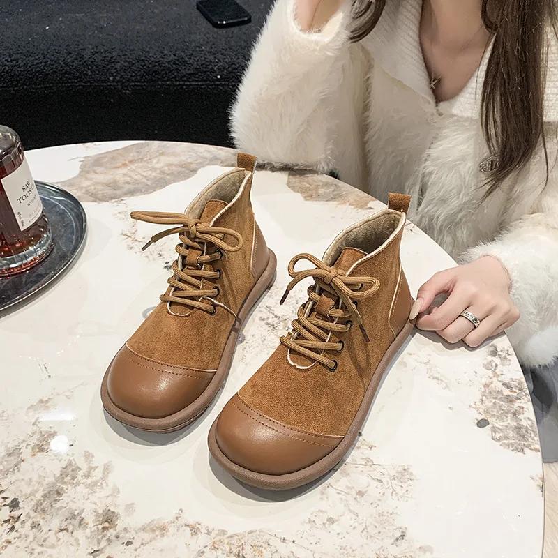 Damskie Botki Jesień/Zima Krótkie Botki Retro Miękka Podeszwa Okrągły Nosek Sznurowane Antypoślizgowe Płaska Podeszwa Zamszowe Patchworkowe Botki na Kostkę