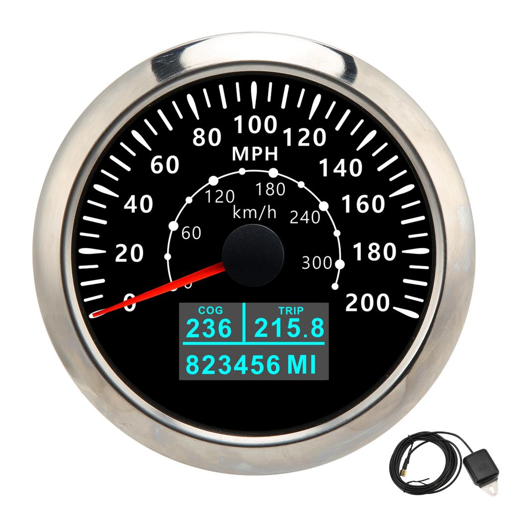 85mm GPS Speedometer 0‑200MPH 0‑300KM H IP67 Waterproof Digital Colorful Backlight Odometer for RV BoatBlack