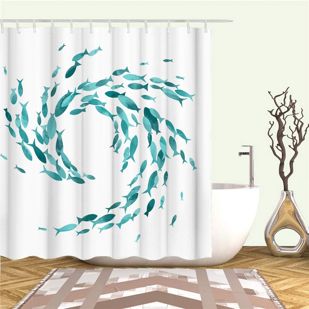Blue Green Fish Shower Curtain Marine Life Bathroom Decorative Creative Fabric Shower Curtain with Hook Turquoise 90x180cm