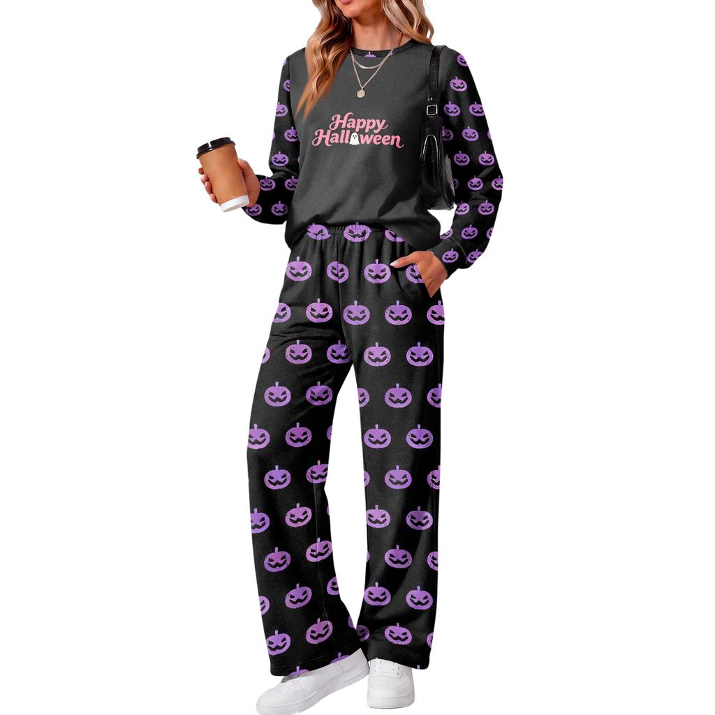Women's Halloween Print Hoodie and Jogger Pants Set, Round Neck Loose Fit Casual Sweatsuit