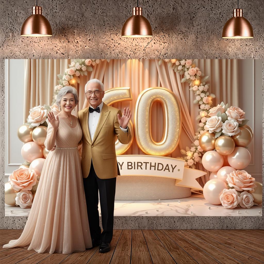 60. Meilenstein Kulisse Goldene Ballons Geburtstagsfeier Banner Happy 60 Birthday Banner Zartrosa Rosen Für Formelle Anlässe