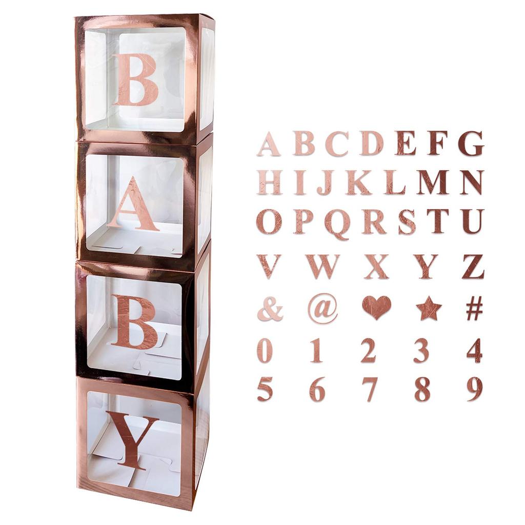 4pcs Rose Gold Clear Boxes for Balloons 30 Letters 10 Numbers 5 Characters ABC Transparent Gift Boxes Birthday Gender Reveal Letter Blocks Decorations