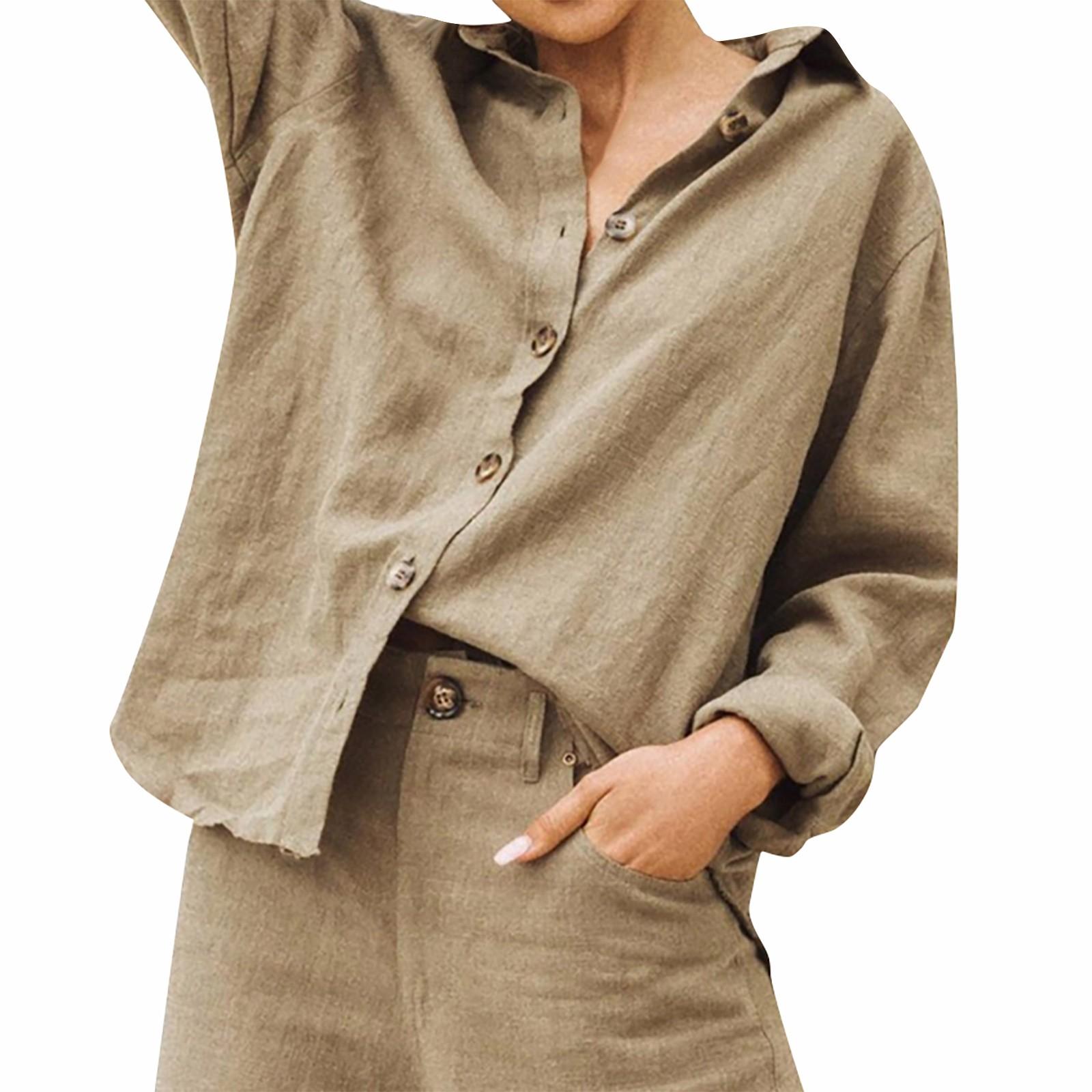 

Новая женская хлопково-льняная летняя удобная однотонная универсальная повседневная рубашка на пуговицах XXL хаки