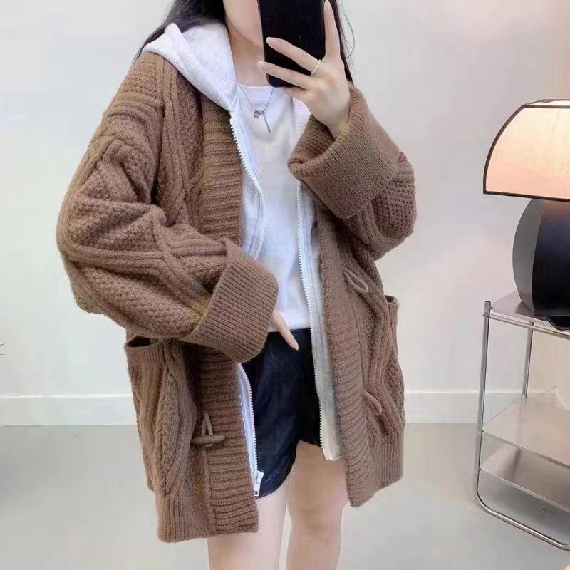 Hooded Fake Two-piece Cardigan Medium and Long New Autumn and Winter Wear Loose and Lazy Plus Size Knitted Sweater Jacket Sweater Women