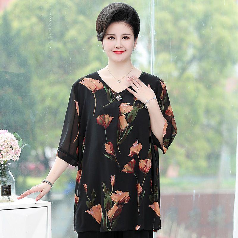 Summer Women's Plus Size Blouse Half Sleeve V Neck T-Shirt Loose Printed Blouse