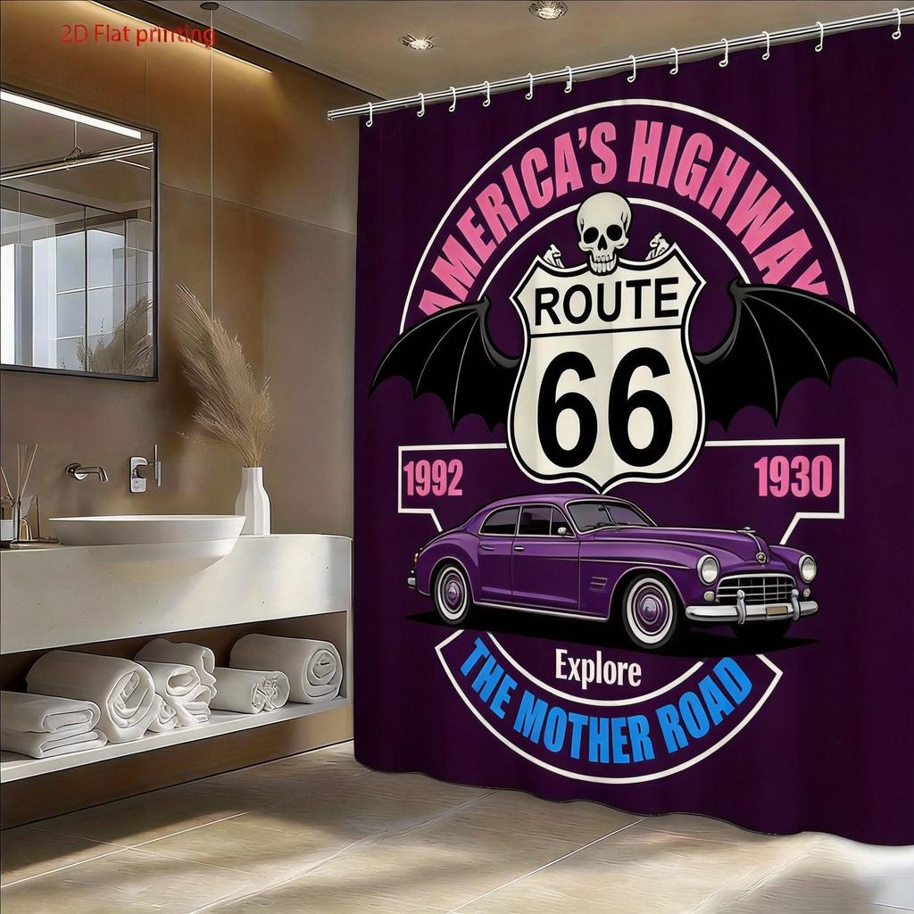 Route 66 Motorcycle Shower Curtain Retro American Highway Design With Chrome Bike And Wings Shower Curtain With Hook