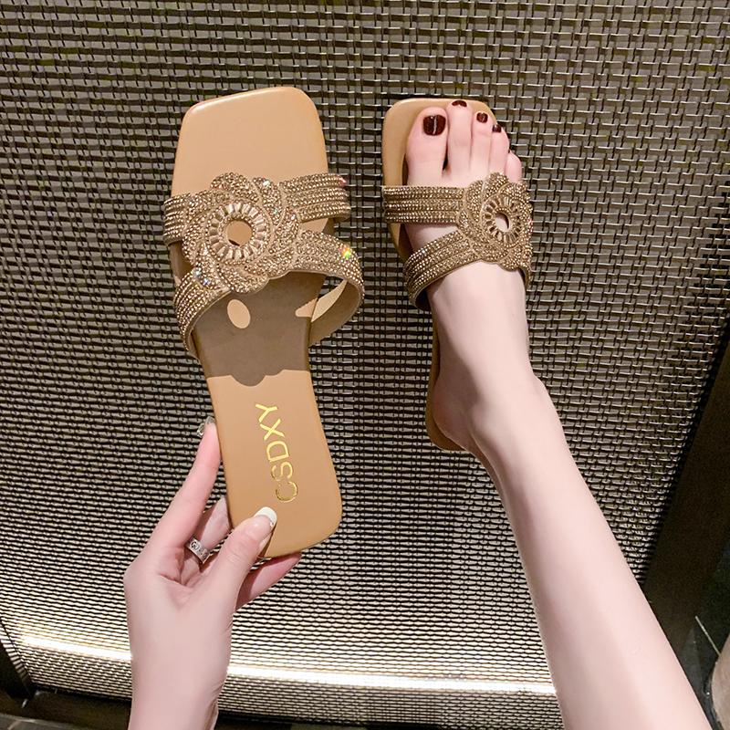 Fashion Women Luxury Rhinestone Flower Slippers Fashion Outdoor Casual Flat Sandals Female Square Toe Flip Flops Beach Holiday Slides