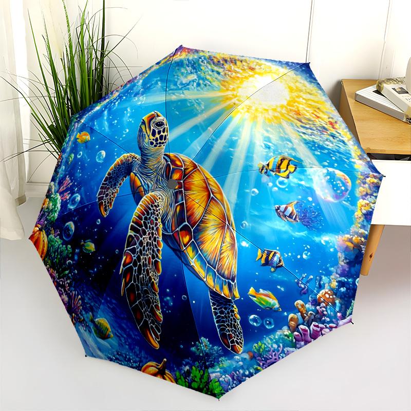 Sea Turtle Pattern, Automatic Folding Umbrella, Portable and Foldable Design, 8 Ribs, a Christmas or Birthday Gift.
