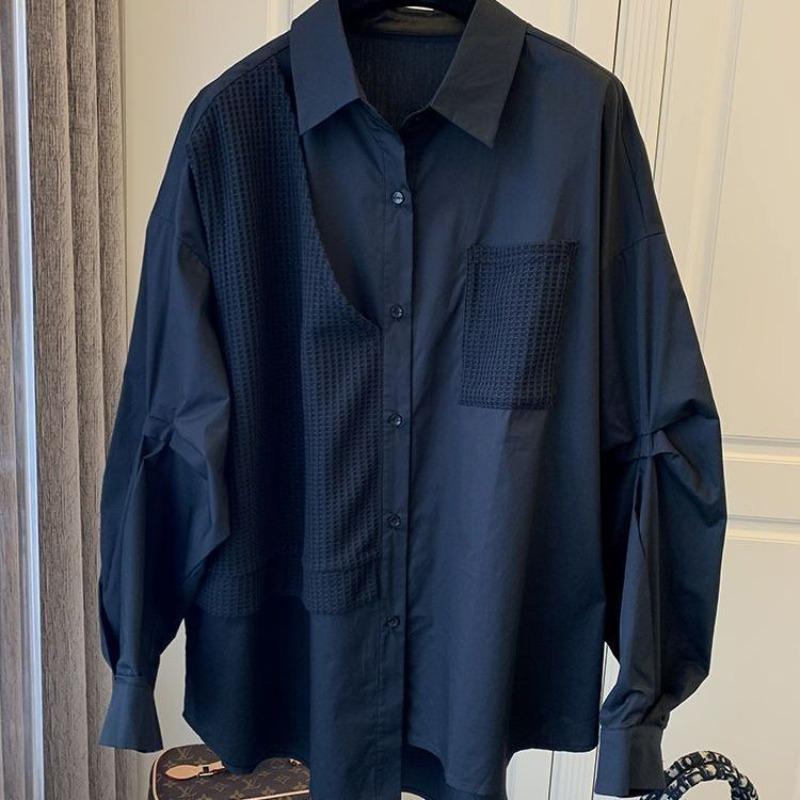 

Сращивание поддельных двух нерегулярных нишевых дизайнов, свободная повседневная ретро-белая рубашка для женщин, блузки и рубашки 3XL чёрный