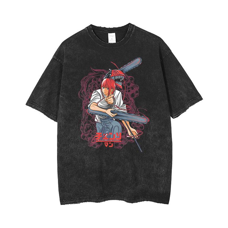 Anime Chainsaw Man Makima Cool Bedrucktes T-Shirt für Herren und Damen Gewaschenes T-Shirt Hohe Qualität Vintage T-Shirt Harajuku Top
