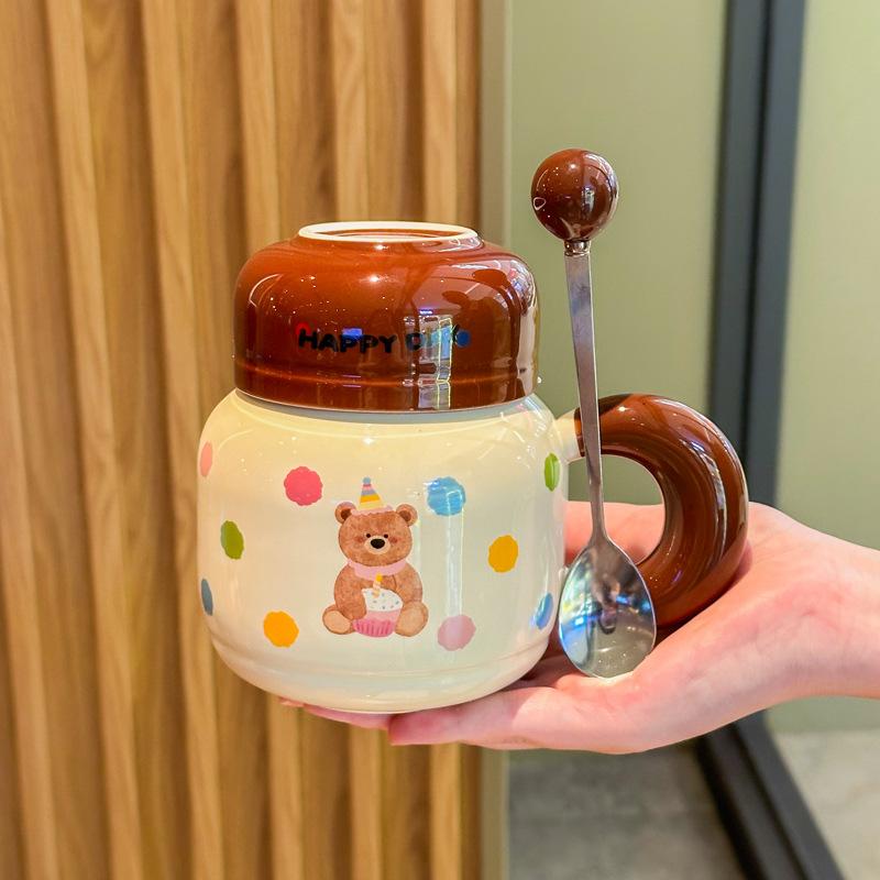Milk fufu cute bear kettle large capacity ceramic mug with lid spoon couple coffee cup female birthday gift