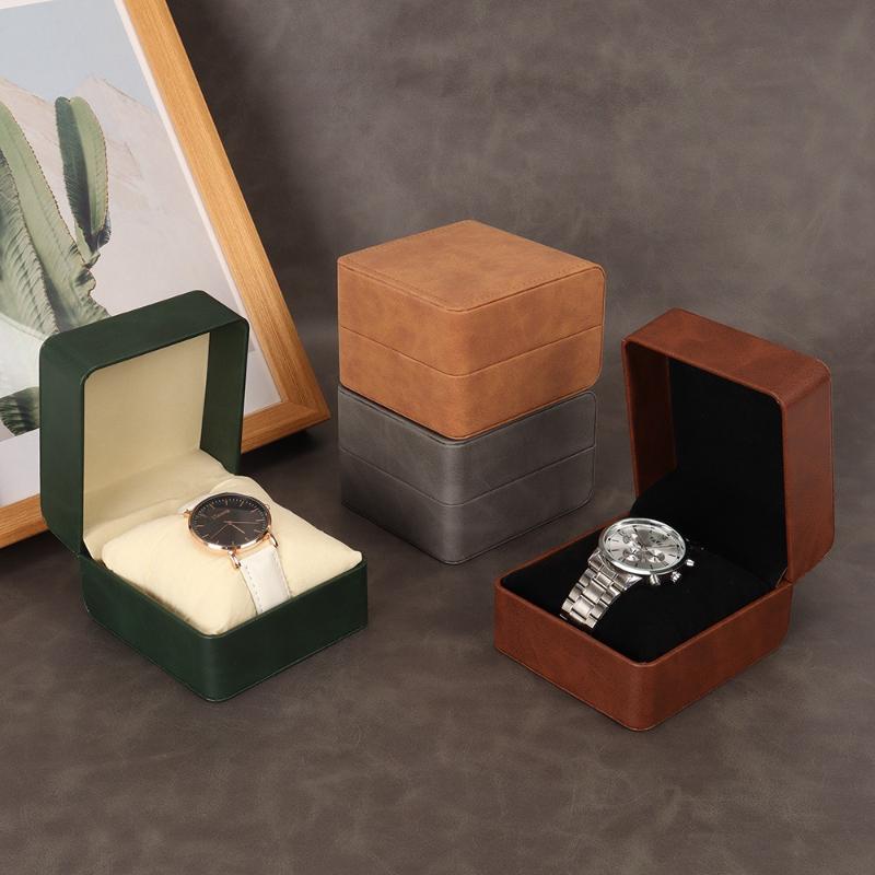 Black Single Watch Gift Box with Pillow PU Leather Wristwatch Display Case Organizer for Men Clamshell PU leather watch case