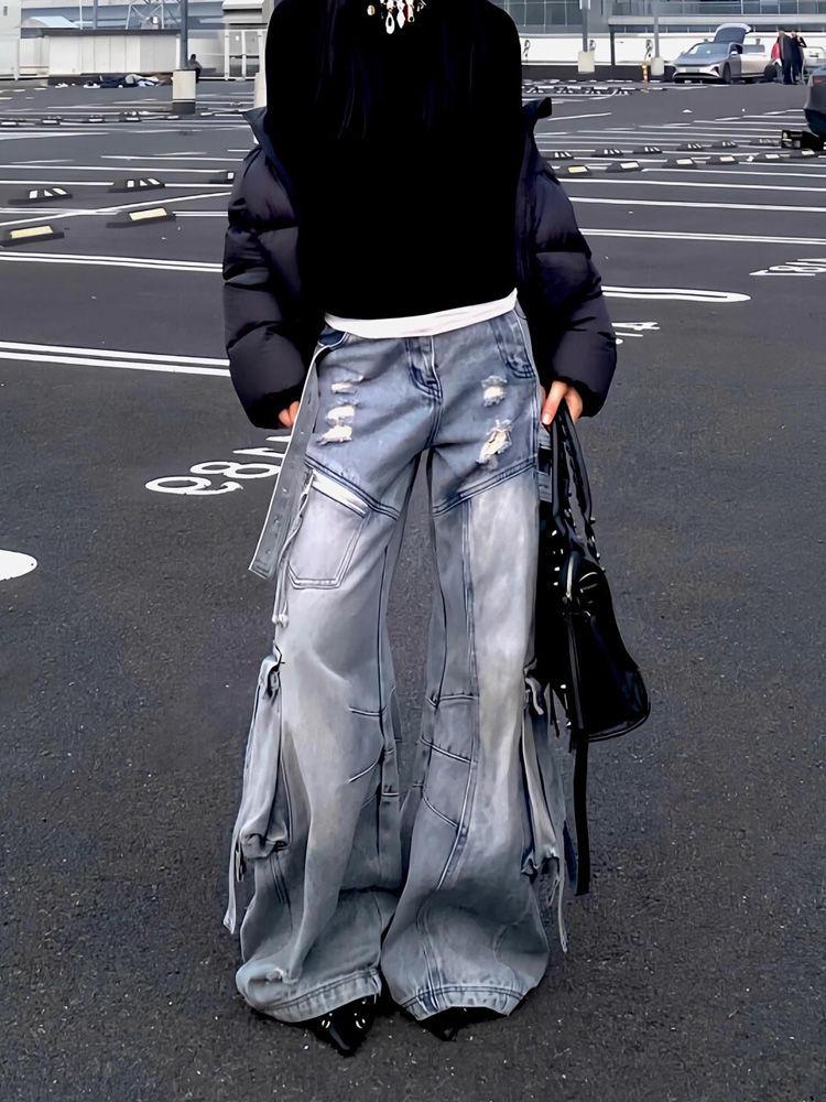 Plus Size Retro Y2K Distressed Blue Cargo Pants for Women - Floor-Length Design