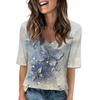 Women's V Neck T Shirts Half Sleeve Tops Printed Casual Summer Tees T Shirt Blouse