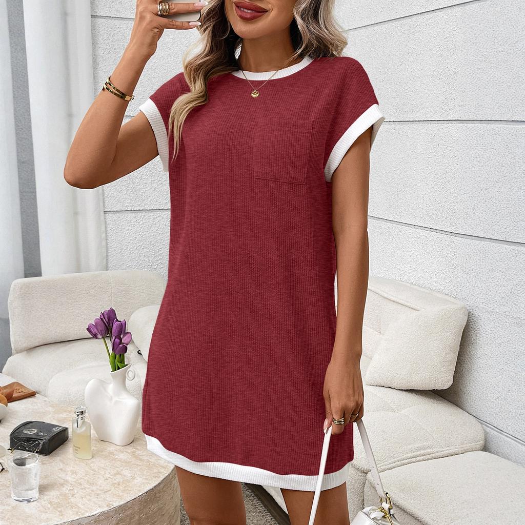 Women's Round Neck Casual Contrasting Short Sleeved Pocket Dress