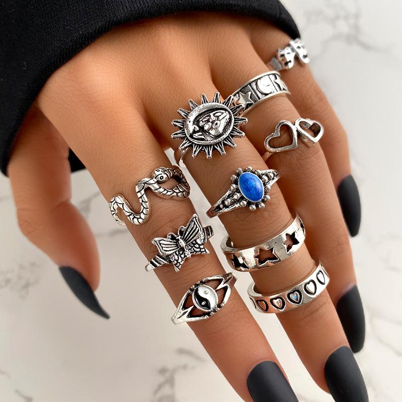 Vintage Gold Silver Color Geometric Rectangle Round Rings Set for Women Men Fashion Snake Sun Leaves Rings Jewelry Gift