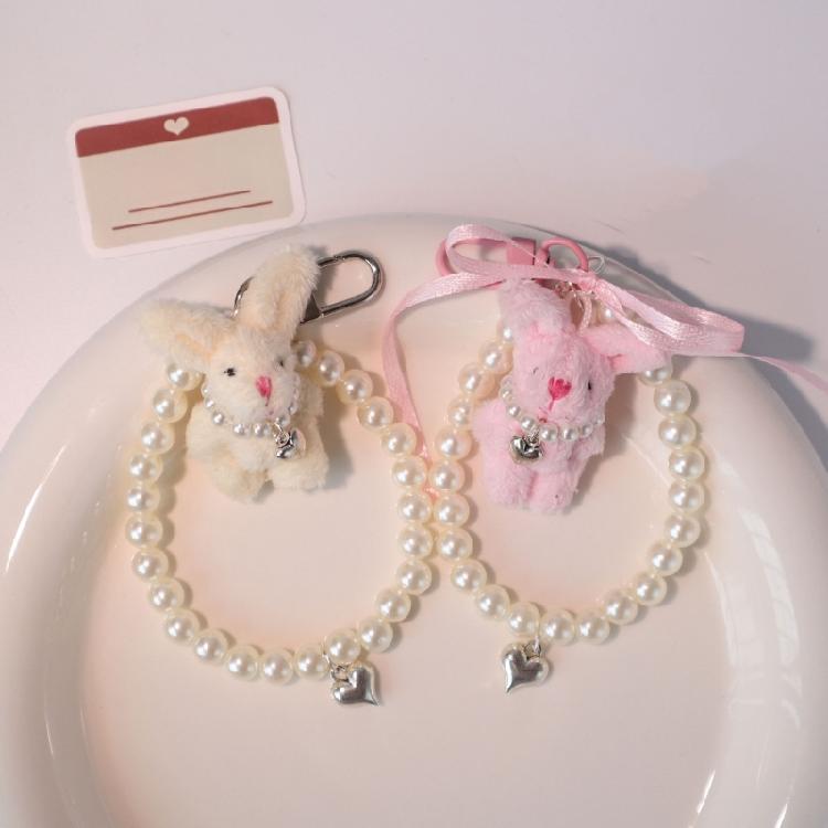 Plush Rabbit Pendant Stuffed Doll Girl Backpack Decor Heart Pearl Keychain Gift