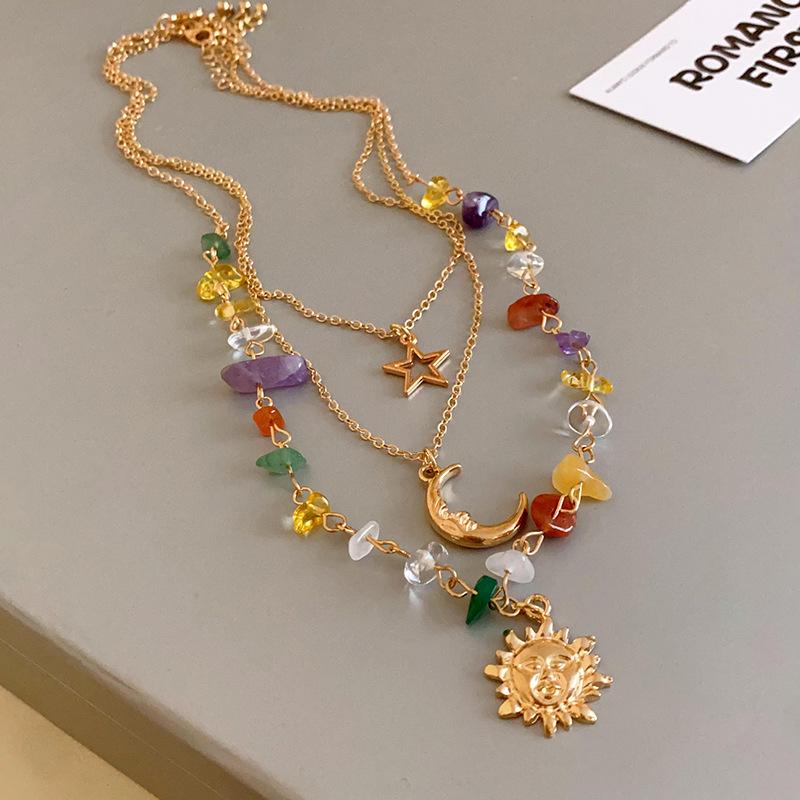 Sun & Stone Pendant Necklace - Titanium & Stainless Steel Clavicle Chain Jewelry