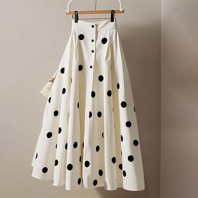 Gonna midi da donna bianca a pois con bottoni sul davanti e vita regolabile - Elegante e sofisticata per l'autunno/metà stagione, ideale per l'ufficio e la sera.