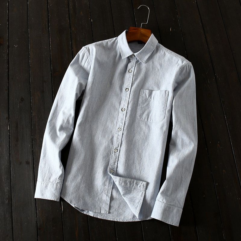 Export Original Order Leftover Stock Autumn Men Washed Pure Cotton Silm Long Sleeves Shirt Men's Casual Large Solid-Colored Shirt Fashion